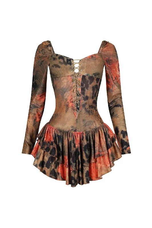 Cocktail dresses with a cut - out detail and a body - con fitReyna Print Mesh Ruffle Mini Dress Cocktail dresses with a cut - out detail and a body - con fitReyna Print Mesh Ruffle Mini Dress
