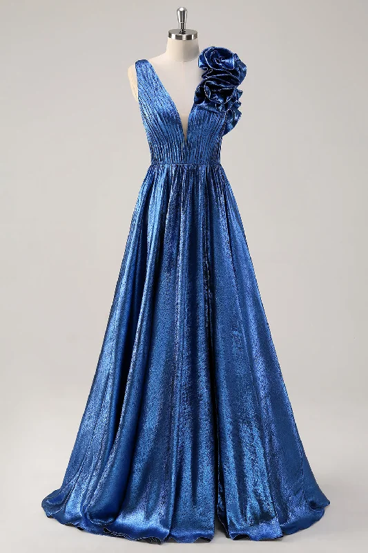 One - shoulder cocktail dresses in emerald green for a bold statementRoyal Blue A Line Deep V-Neck Metallic Prom Dress with Floral Shoulder Detail One - shoulder cocktail dresses in emerald green for a bold statementRoyal Blue A Line Deep V-Neck Metallic Prom Dress with Floral Shoulder Detail
