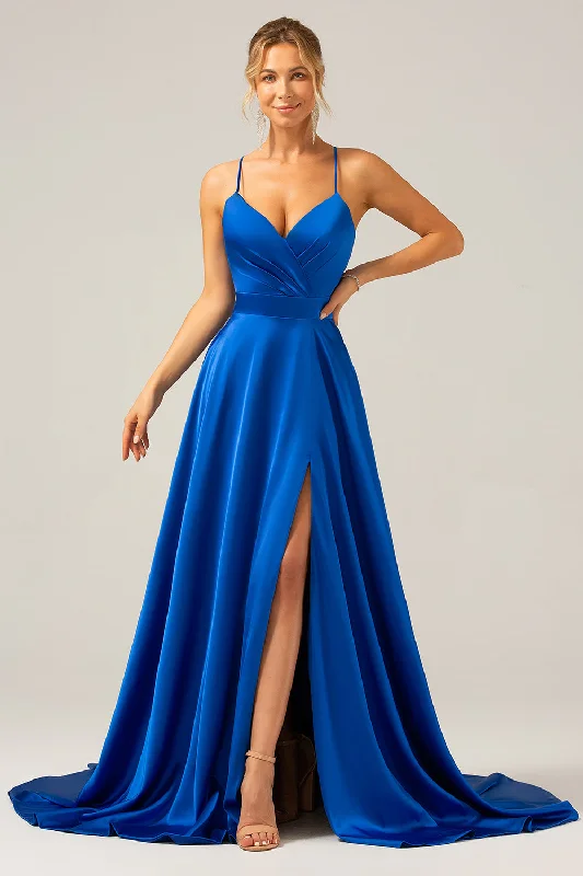 Sleeveless wedding guest dresses with ruffled hemsRoyal Blue A Line Spaghetti Straps Satin Long Prom Bridesmaid Dress with Slit Sleeveless wedding guest dresses with ruffled hemsRoyal Blue A Line Spaghetti Straps Satin Long Prom Bridesmaid Dress with Slit