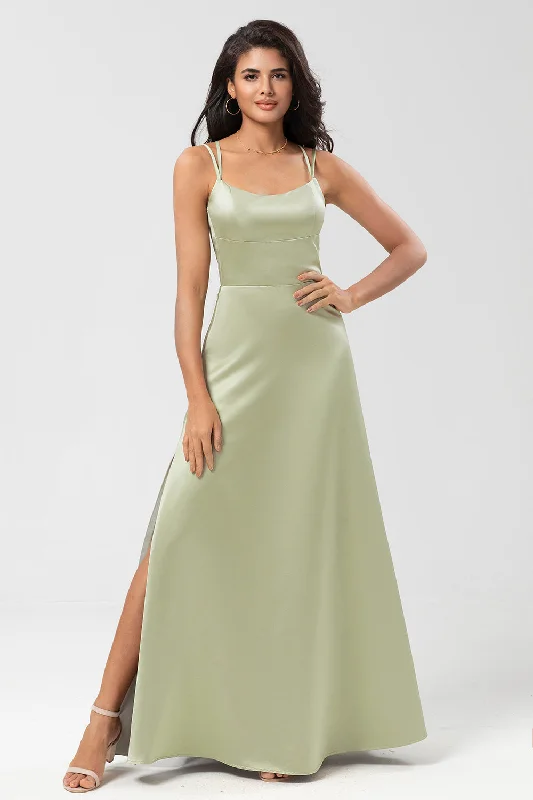 Wedding guest dresses with high - low hems and floral appliquesSatin Lace-Up Back Dusty Sage Bridesmaid Dress with Slit Wedding guest dresses with high - low hems and floral appliquesSatin Lace-Up Back Dusty Sage Bridesmaid Dress with Slit