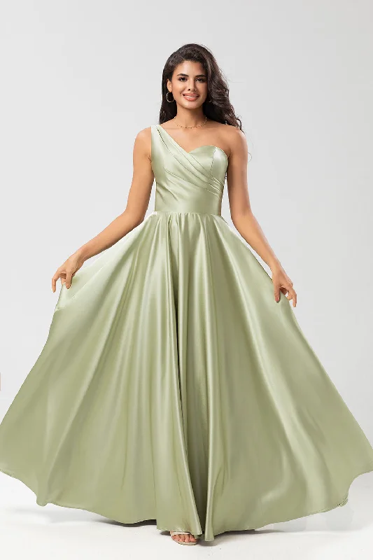 Geometric - printed wedding guest dresses for a modern weddingSatin One Shoulder Dusty Sage Bridesmaid Dress with Pockets Geometric - printed wedding guest dresses for a modern weddingSatin One Shoulder Dusty Sage Bridesmaid Dress with Pockets
