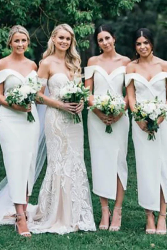 Velvet - trimmed wedding guest dresses in burgundy for a formal eventSheath Off The Shoulder White Bridesmaid Dress with Slit Velvet - trimmed wedding guest dresses in burgundy for a formal eventSheath Off The Shoulder White Bridesmaid Dress with Slit
