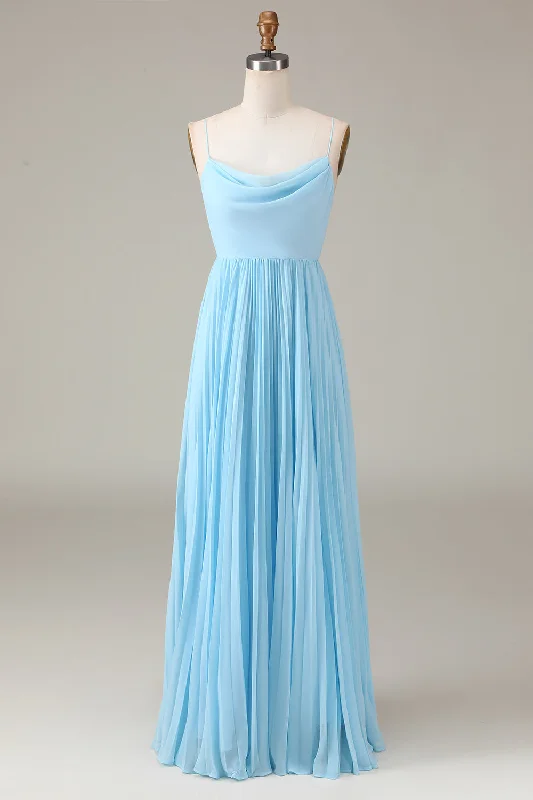 Wedding guest dresses with fringe accents for a bohemian - inspired weddingSky Blue Spaghetti Straps Cowl Neck Pleated Open Back A-line Chiffon Bridesmaid Dress Wedding guest dresses with fringe accents for a bohemian - inspired weddingSky Blue Spaghetti Straps Cowl Neck Pleated Open Back A-line Chiffon Bridesmaid Dress