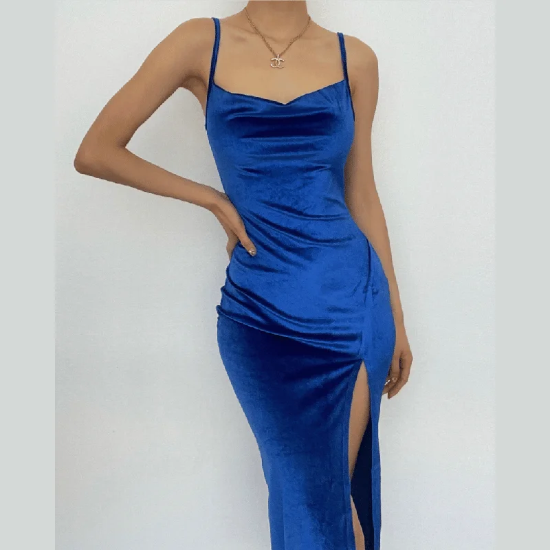 Cocktail dresses with a patchwork pattern and a mid - thigh lengthBerryBetty - Sleeveless velvet slit cowl neck backless cami midi dress Cocktail dresses with a patchwork pattern and a mid - thigh lengthBerryBetty - Sleeveless velvet slit cowl neck backless cami midi dress