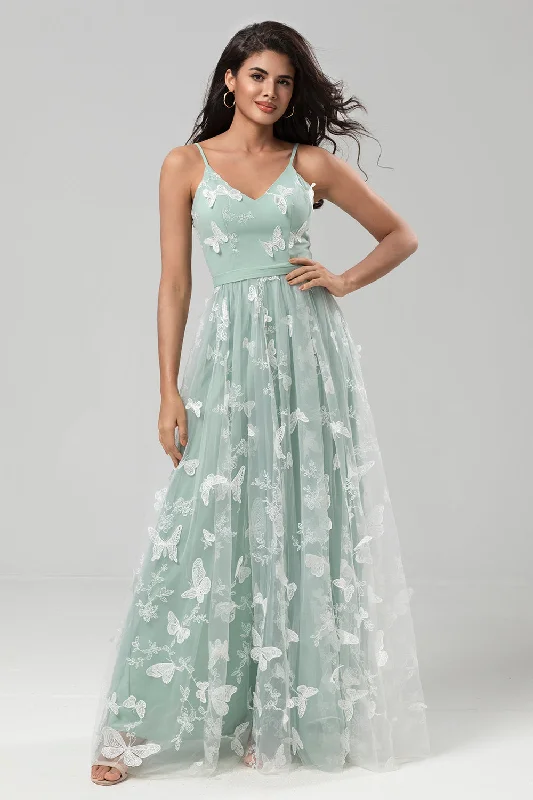 Animal - print wedding guest dresses in subtle colors for a bold statementSpaghetti Straps Matcha Bridesmaid Dress with Appliques