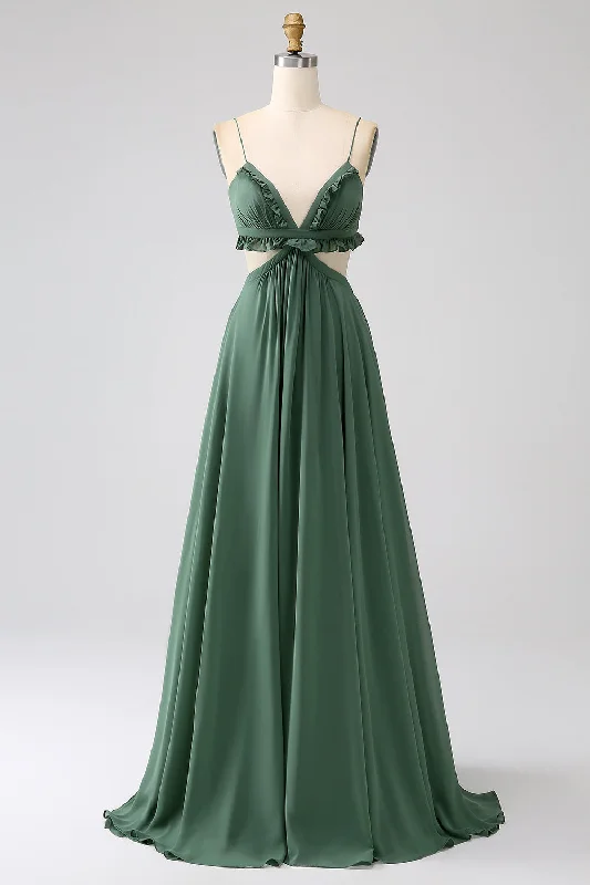 Sequined wedding guest dresses for an evening weddingSpaghetti Straps Ruffles Green Hollow-out Long Bridesmaid Dress Sequined wedding guest dresses for an evening weddingSpaghetti Straps Ruffles Green Hollow-out Long Bridesmaid Dress