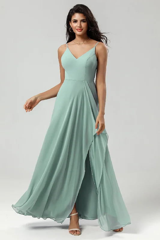 Wedding guest dresses with ruched bodices and spaghetti strapsSpaghetti Straps Sleeveless Matcha Bridesmaid Dress with Slit Wedding guest dresses with ruched bodices and spaghetti strapsSpaghetti Straps Sleeveless Matcha Bridesmaid Dress with Slit