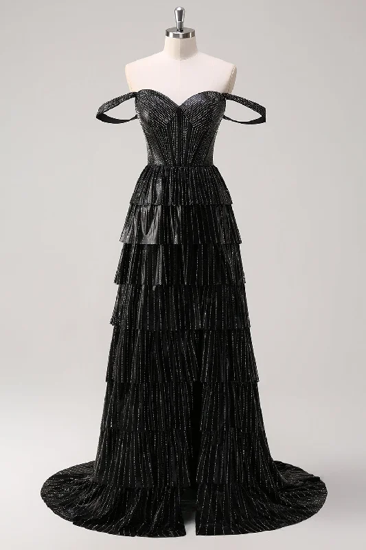 Mini cocktail dresses with a glittery finish for a party - ready styleSparkly Black Silver A Line Off The Shoulder Corset Tiered Prom Dress with Beading Mini cocktail dresses with a glittery finish for a party - ready styleSparkly Black Silver A Line Off The Shoulder Corset Tiered Prom Dress with Beading