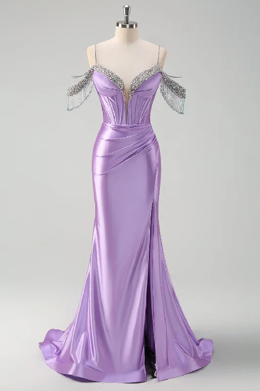 Strapless cocktail dresses with a sweetheart neckline and a full skirtSparkly Lilac Mermaid Cold Shoulder Tassels Satin Beaded Long Prom Dress with Slit Strapless cocktail dresses with a sweetheart neckline and a full skirtSparkly Lilac Mermaid Cold Shoulder Tassels Satin Beaded Long Prom Dress with Slit