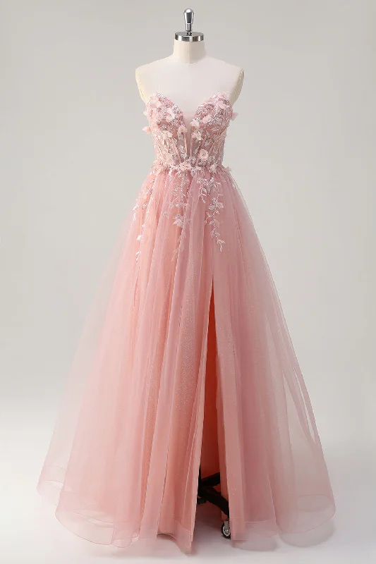 Satin - lined cocktail dresses with a lace outer layerSparkly Pink A-Line Strapless Flowers Corset Tulle Long Prom Dress with Slit Satin - lined cocktail dresses with a lace outer layerSparkly Pink A-Line Strapless Flowers Corset Tulle Long Prom Dress with Slit