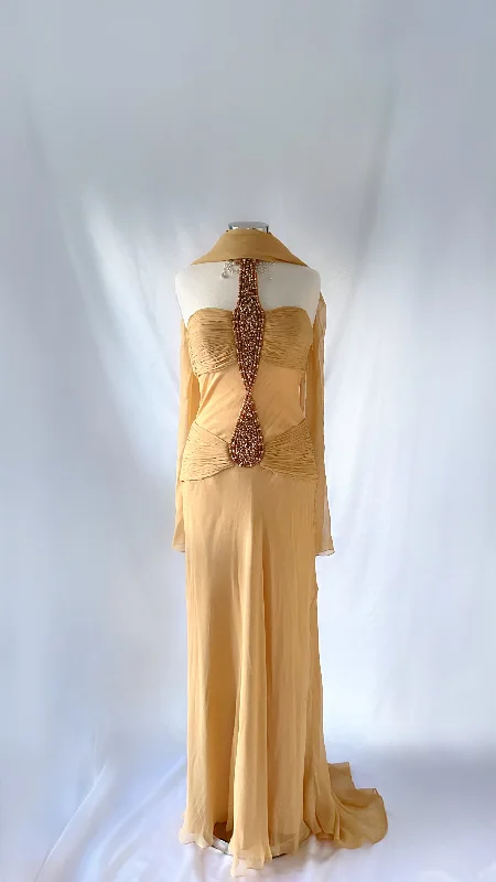 Wedding guest dresses with fringe accents for a bohemian - inspired weddingEGYPTIAN PRINCESS EMBELLISHED NECK CHOKER SILK GOWN & SCARF SET
