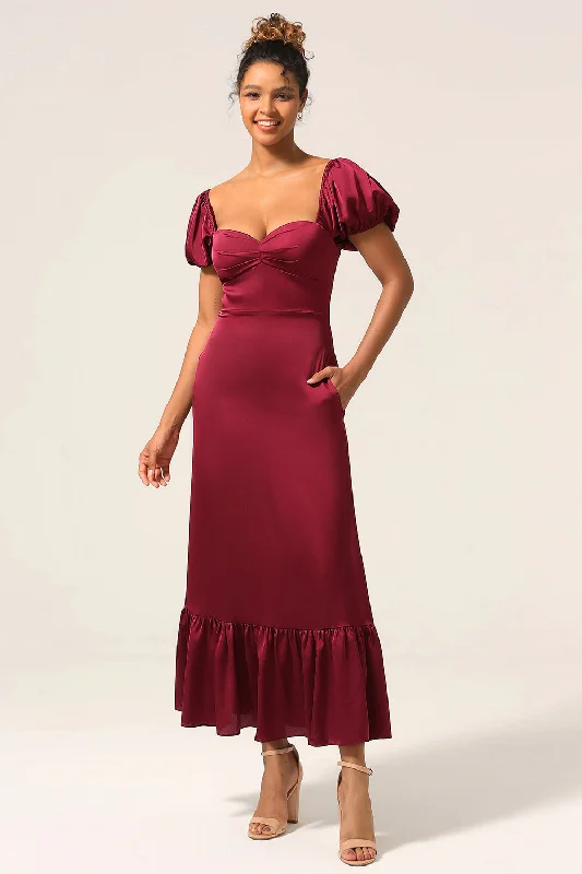 Sheath - style wedding guest dresses with lace overlaysSweetheart Burgundy Bridesmaid Dress with Puff Sleeves Sheath - style wedding guest dresses with lace overlaysSweetheart Burgundy Bridesmaid Dress with Puff Sleeves