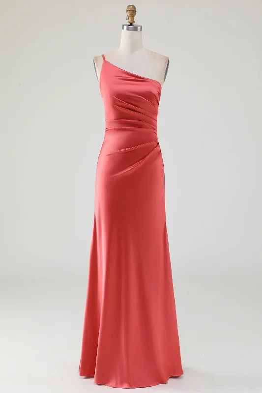 Wedding guest dresses with keyhole backs and flowing fabricsTerracotta Sheath One Shoulder Floor-Length Pleated Satin Bridesmaid Dress Wedding guest dresses with keyhole backs and flowing fabricsTerracotta Sheath One Shoulder Floor-Length Pleated Satin Bridesmaid Dress