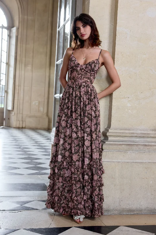 A - line cocktail wedding guest dresses in pastel colorsThe Carmen Dress in Chocolate Peony Print