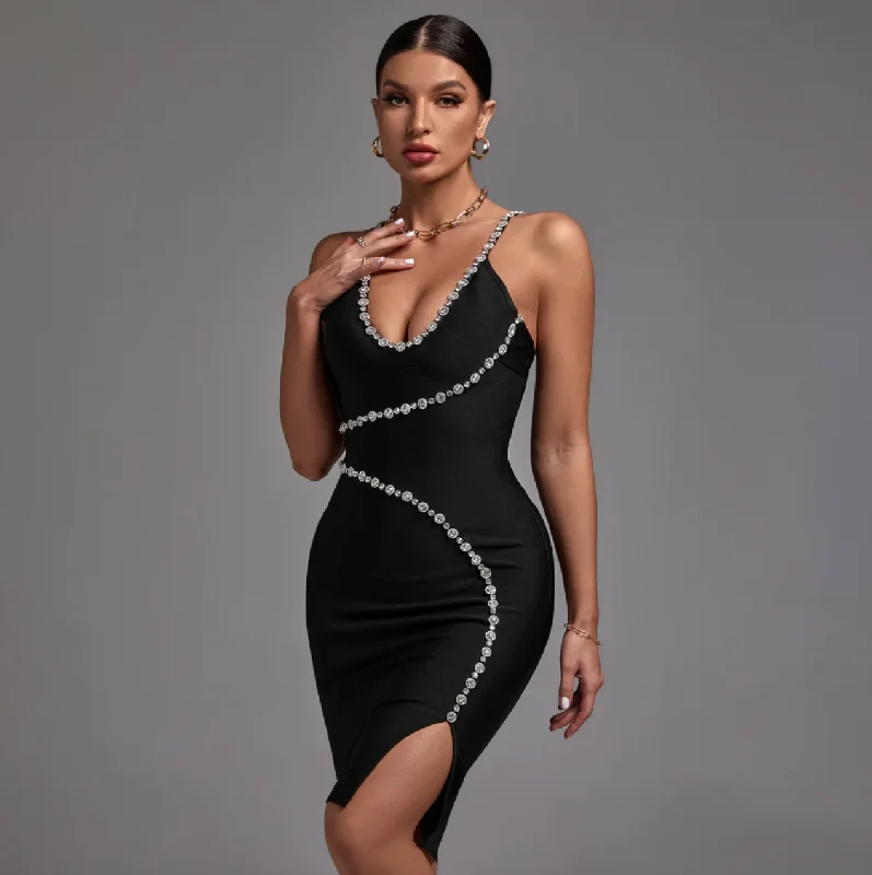 Midi wedding guest dresses in navy blue for a formal affair"Toria" Beautiful Stone Beaded Bandage Dress Midi wedding guest dresses in navy blue for a formal affair"Toria" Beautiful Stone Beaded Bandage Dress