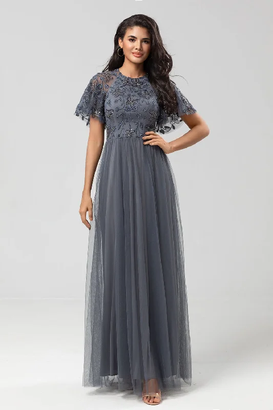 Sequined wedding guest dresses for an evening weddingTulle A-Line Twilight Beaded Bridesmaid Dress with Short Sleeves Sequined wedding guest dresses for an evening weddingTulle A-Line Twilight Beaded Bridesmaid Dress with Short Sleeves