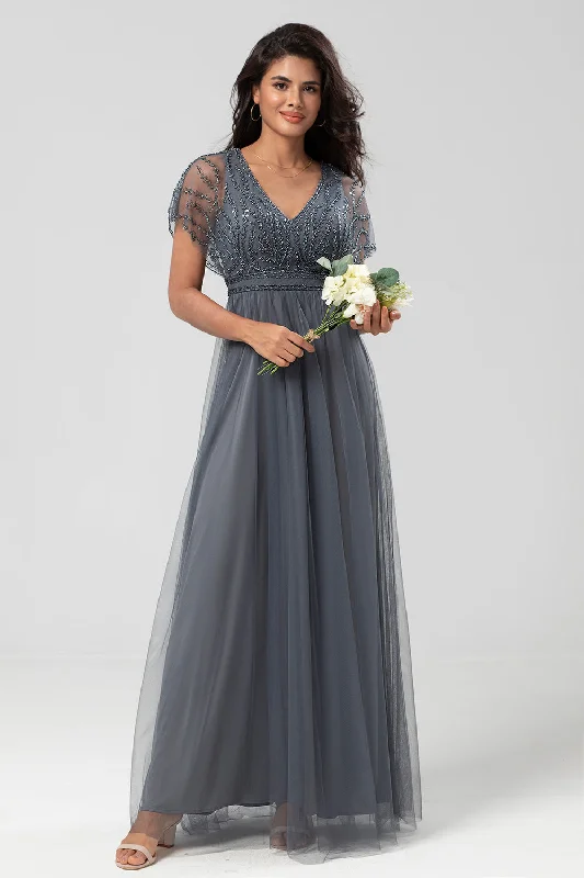 Wedding guest dresses with mesh panels and empire waistsTulle Beaded Twilight Bridesmaid Dress