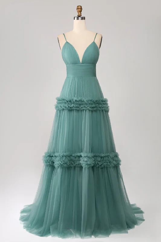Ribbed - texture wedding guest dresses in neutral colorsGreen A Line Spaghetti Straps Tulle Long Prom Dress with Ruffles Ribbed - texture wedding guest dresses in neutral colorsGreen A Line Spaghetti Straps Tulle Long Prom Dress with Ruffles