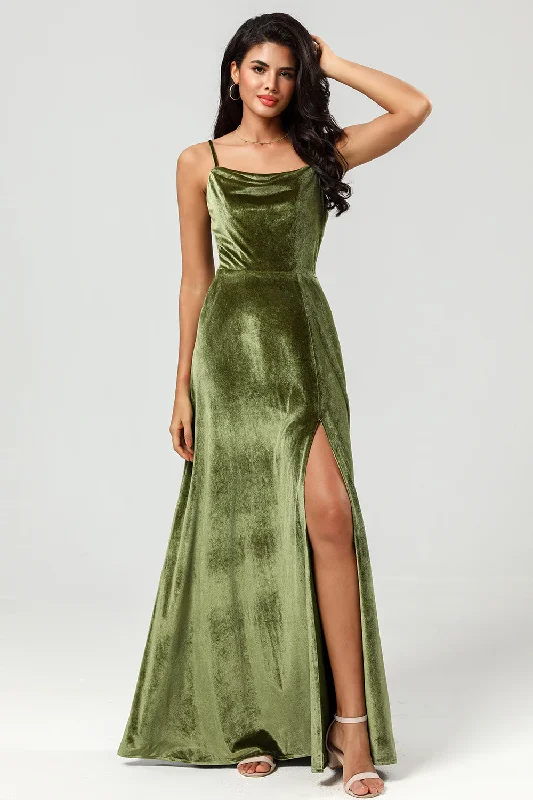 A - line cocktail wedding guest dresses in pastel colorsVelvet Spaghetti Straps Olive Bridesmaid Dress with Split Front A - line cocktail wedding guest dresses in pastel colorsVelvet Spaghetti Straps Olive Bridesmaid Dress with Split Front