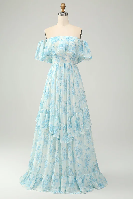 Maxi wedding guest dresses with floral prints for summer weddingsWhite Blue Floral Off The Shoulder Tiered Long Bridesmaid Dress Maxi wedding guest dresses with floral prints for summer weddingsWhite Blue Floral Off The Shoulder Tiered Long Bridesmaid Dress