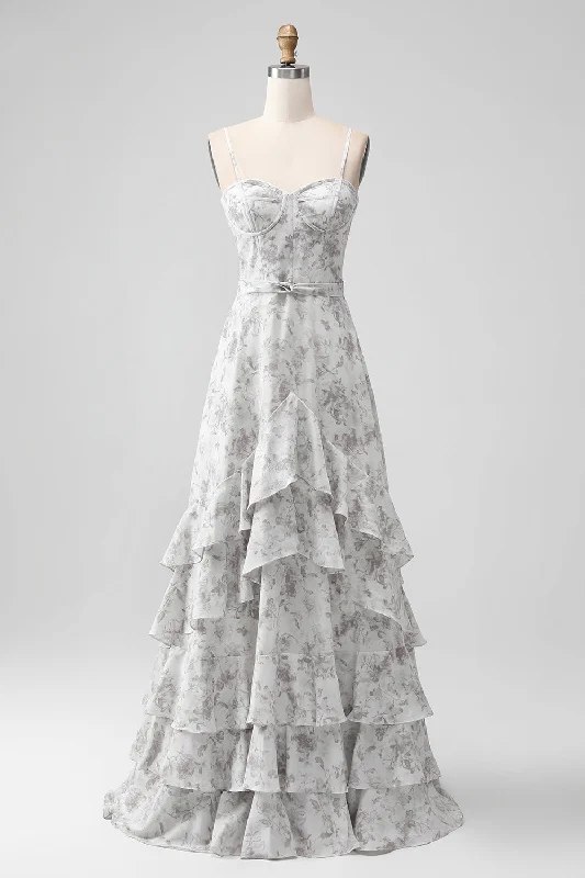 Ribbed - texture wedding guest dresses in neutral colorsWhite Brown Flower Spaghetti Straps A Line Bridesmaid Dress With Ruffles