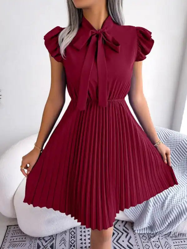 Cocktail dresses with a patchwork pattern and a mid - thigh lengthWomen’s Temperament Lace-up Waist Pleated Dress Cocktail dresses with a patchwork pattern and a mid - thigh lengthWomen’s Temperament Lace-up Waist Pleated Dress