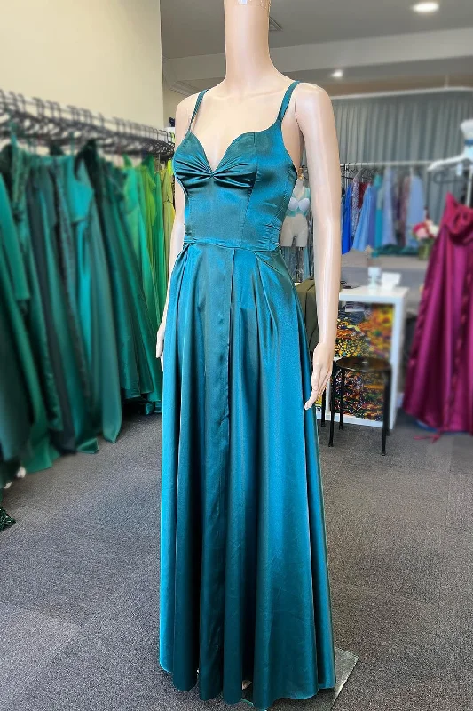 A - line party dresses with a floral print for spring events​A-Line Lace-Up Back Peacock Blue Long Prom Dress