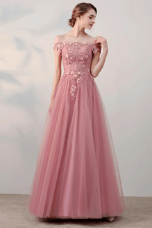 Party dresses with a lace overlay for a feminine touchA-line Off-the-shoulder Pink Applique Tulle Prom Dress Evening Dress PSK062 Party dresses with a lace overlay for a feminine touchA-line Off-the-shoulder Pink Applique Tulle Prom Dress Evening Dress PSK062
