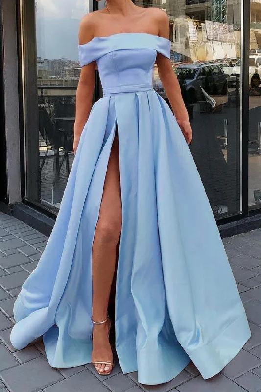 Party dresses with a ruched fabric for a textured and flattering effect​A Line Off the Shoulder Satin Pink High Split Prom Dresses Formal Dresses PSK057
