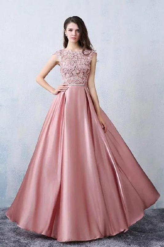 Party dresses with a criss - cross back design for a stylish detail​A-line Scoop Pink Satin Applique Modest Prom Dress Evening Dress PSK065