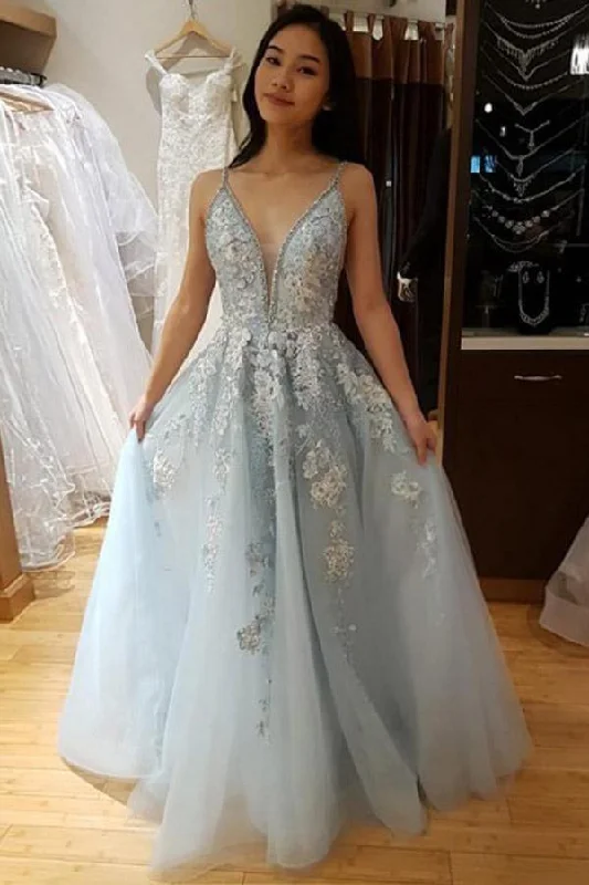 Party dresses with a V - neck design to enhance the neckline​A Line Spaghetti Straps Light Blue Prom Dress With Beading Appliques PSK076