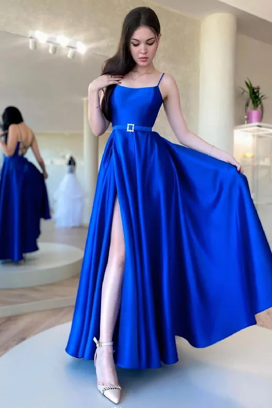 80s - inspired party dresses with bold colors and big shouldersA Line Spaghetti Straps Royal Blue Long Prom Dress with Split Front 80s - inspired party dresses with bold colors and big shouldersA Line Spaghetti Straps Royal Blue Long Prom Dress with Split Front
