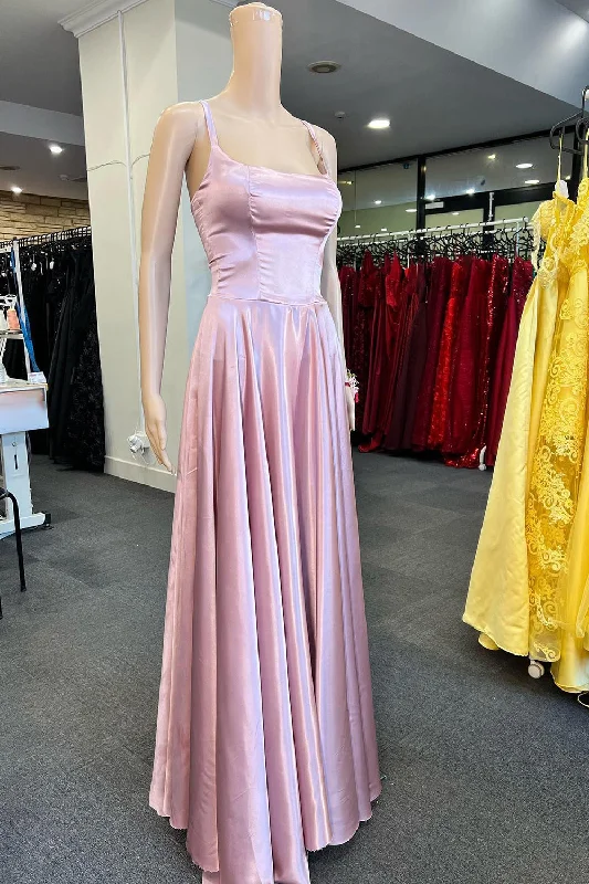 Party dresses with a metallic finish for a shiny and eye - catching effect​A-Line Spaghetti Straps Simple Light Pink Long Prom Dress