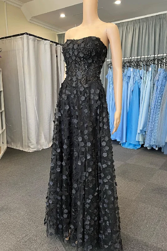 Party dresses with a tiered skirt for a fun and voluminous style​A-Line Strapless Sparkly Black Corset Prom Dress with Appliques