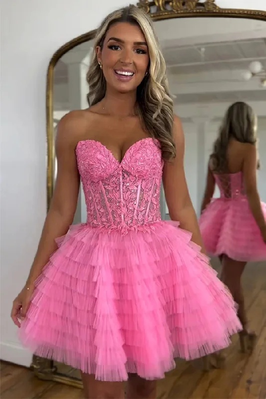 Backless party dresses for a sexy and alluring appearance​A Line Strapless Tulle Pink Homecoming Dress With Beading PD572