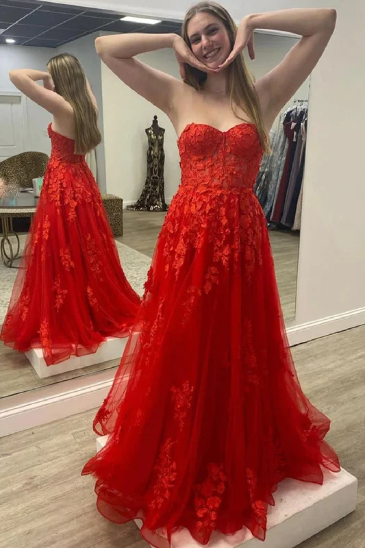 Party dresses with a metallic finish for a shiny and eye - catching effectA Line Sweetheart Red Long Prom Dress with Appliques Party dresses with a metallic finish for a shiny and eye - catching effectA Line Sweetheart Red Long Prom Dress with Appliques