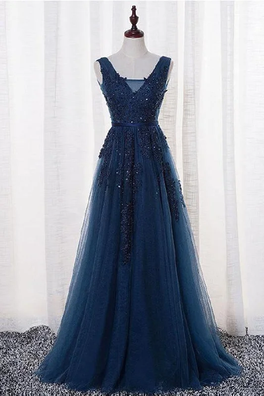 Party dresses with a geometric pattern for a contemporary look​A-Line V-neck Floor length Tulle Prom/Evening Dress With Appliques PSK069