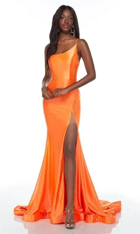 Prom dresses with one - shoulder designs and feather accents for a bold statementAlyce Paris 61159 - Asymmetrical Satin Evening Gown