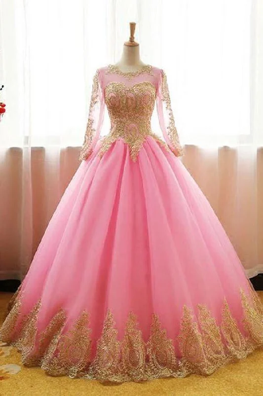Ball gown party dresses with a full skirt for a princess - like lookBall Gowns Scoop Pink Tulle Applique Modest Long Prom Dress Evening Dress PSK061 Ball gown party dresses with a full skirt for a princess - like lookBall Gowns Scoop Pink Tulle Applique Modest Long Prom Dress Evening Dress PSK061