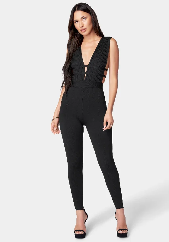 Prom dresses with tiered ruffled sleeves and satin skirts for a feminine and voluminous lookBandage Plunge Neck Catsuit