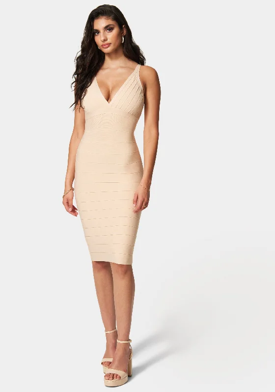 Prom dresses with illusion necklines and crystal embellishments for a formal affairLuxe Bandage V-Neck Midi Dress