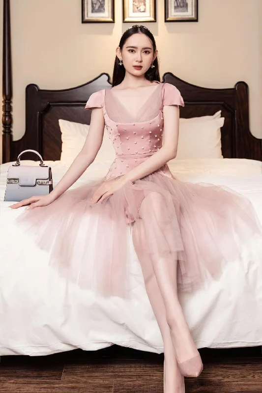 Party dresses with a peplum waist for a feminine and flattering silhouette​Baxenda Fit and Flare V-Neck Mesh Sheer Knee-length Dress