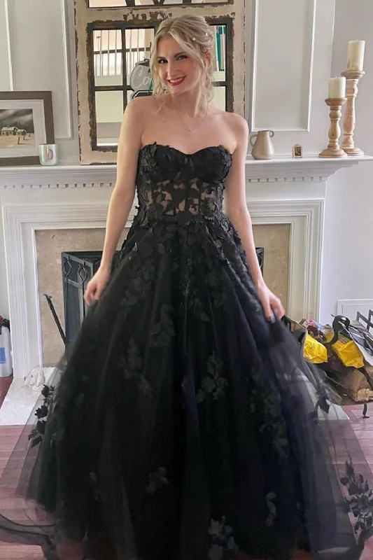Midi - length party dresses for a modest and fashionable choiceBlack Corset A-Line Tulle Long Prom Dress with Lace Midi - length party dresses for a modest and fashionable choiceBlack Corset A-Line Tulle Long Prom Dress with Lace