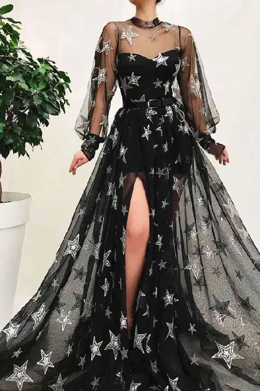 Party dresses with a fringed detail for a fun and dynamic style​High Neck Split Black Long Sleeves Prom Dress With Star PSK067