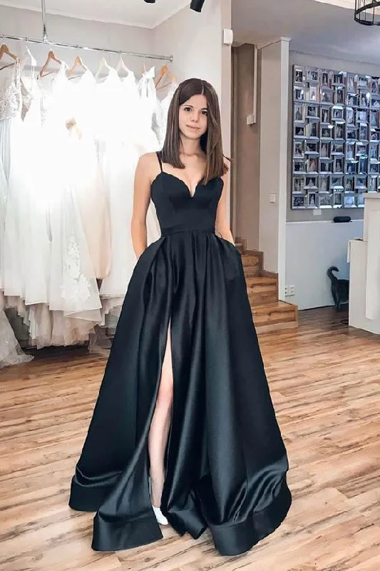 Tulle party dresses with a fairy - tale charm for formal occasions​Simple Spaghetti Strap Black Long Prom Dress Evening Dress PSK072