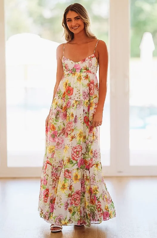Party dresses with a handkerchief hem for a unique and flowing style​Caviar Dreams Print Maxi Dress - White, Purple, Yellow, Pink, Green