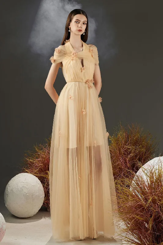 Strapless party dresses with a beaded bodice for added elegance​Chandler Pleated Halter Neck Mesh Sheer Maxi Dress