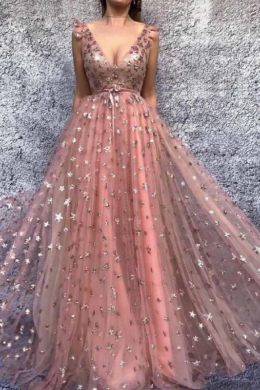 Party dresses with a paisley pattern for a bohemian - inspired look​Chic A-line V neck Prom Dresses Pink Long Prom Dress Evening Dresses PSK071