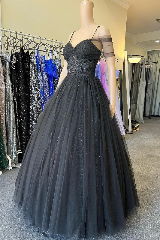 Plus - size party dresses with a flattering cut for all body types​Cold Shoudler Glitter Black Long Prom Dress with Appliques