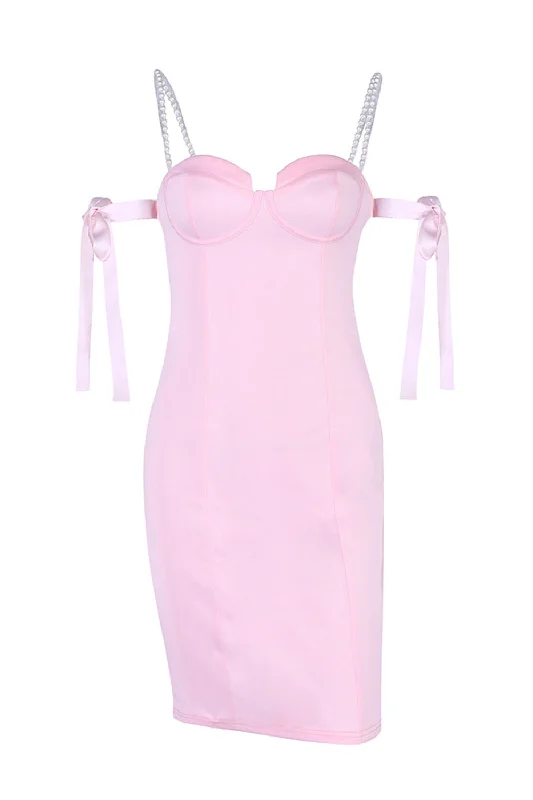 Cold Shoulder Bodycon Pink Party Dress with Beading